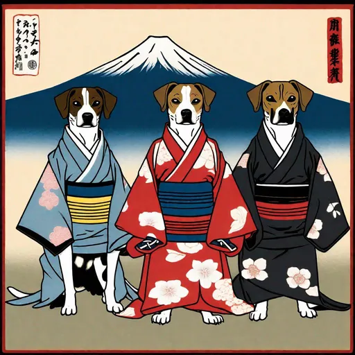 Prompt: black mountain cur dogs in hiroshige wearing yakuza clothes