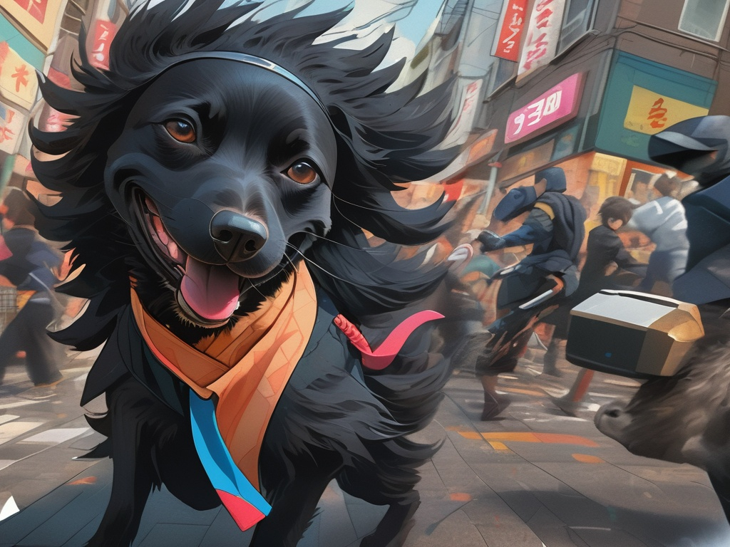 Prompt: black dog wearing ninja clothes having fun in the streets with a battle in the background, dogs, abstract art, Screen print, digital art, 8k resolution trending on Artstation, golden ratio, akira, rule of thirds, geometric bauhaus, Studio Ghibli, Anime Key Visual, by Makoto Shinkai, Deep Color, Intricate, 8k resolution concept art, Natural Lighting, Beautiful Composition