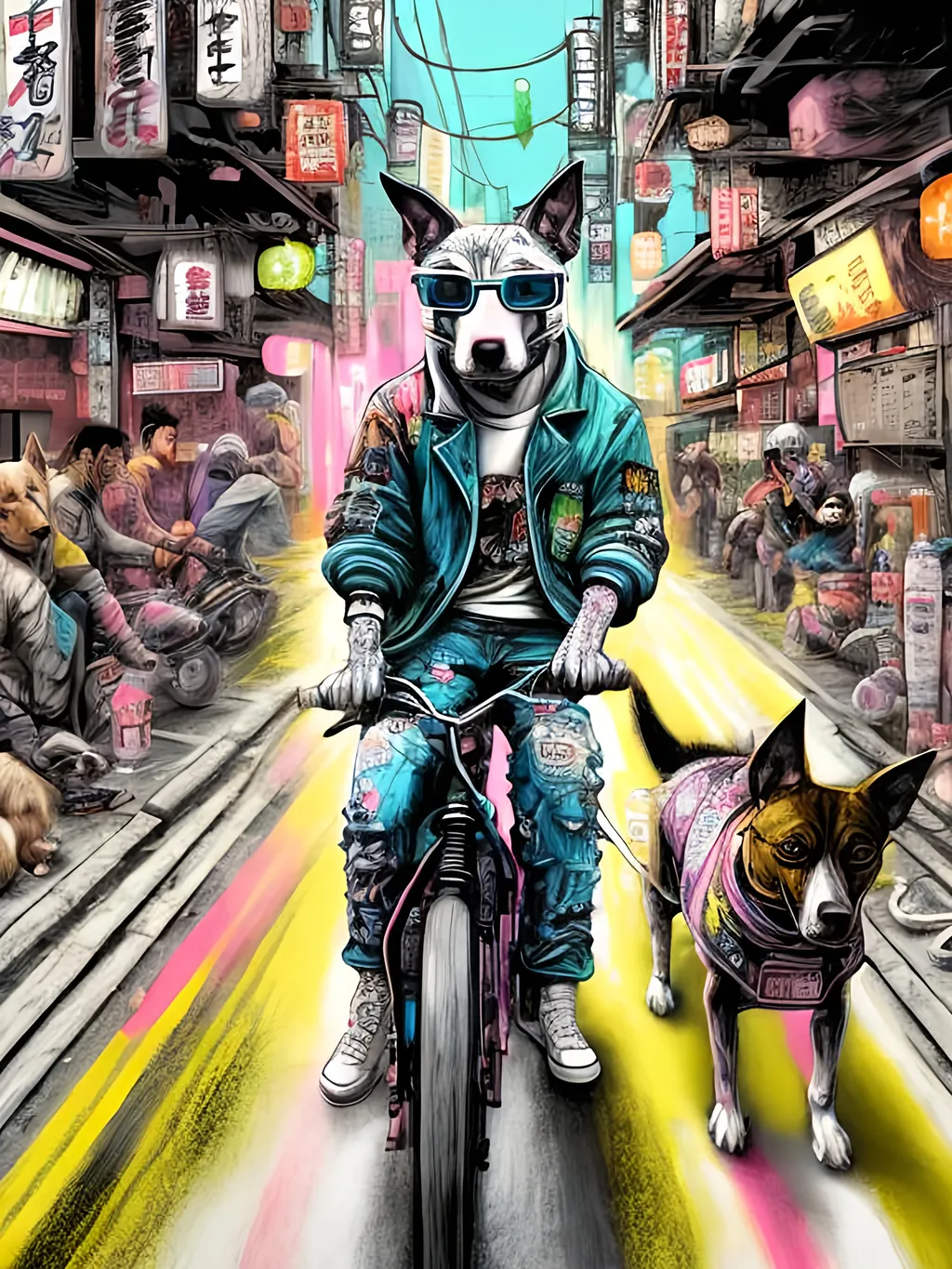 Prompt: pop art chalk pastel art of detailed dogs wearing gangster clothes playing in the streets in cyberpunk japan during a festival, sketch, detailed background, highres, fun atmosphere, natural lighting,  abstract, fun
