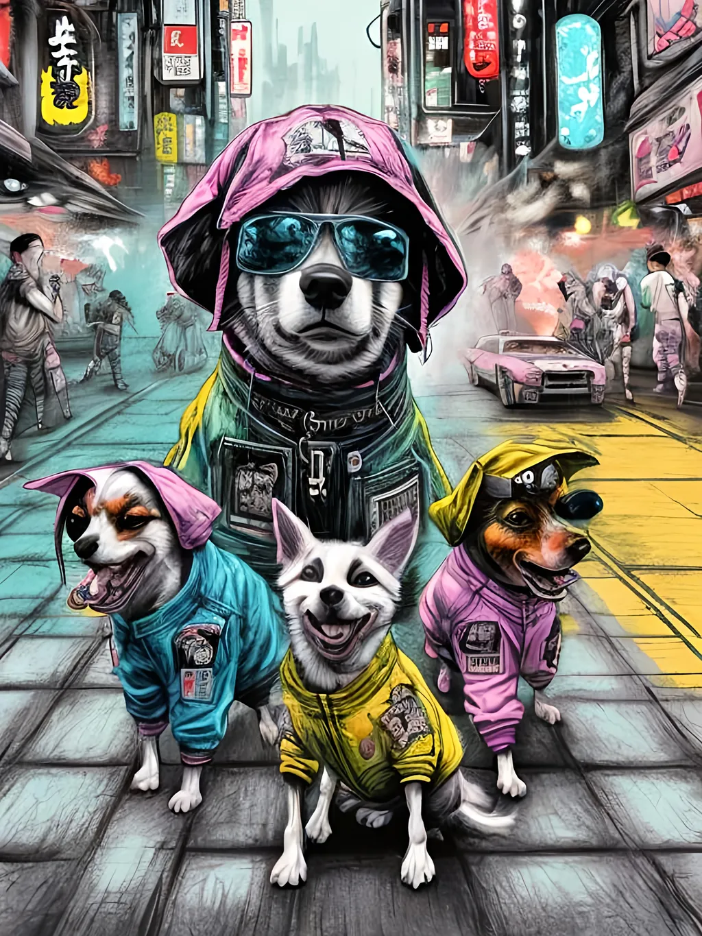 Prompt: pop art chalk pastel art of detailed dogs wearing gangster clothes playing in the streets in cyberpunk japan during a festival, sketch, detailed background, highres, fun atmosphere, natural lighting,  abstract, fun