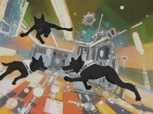 Prompt: abstract style art of black dogs in space in astronaut outfits