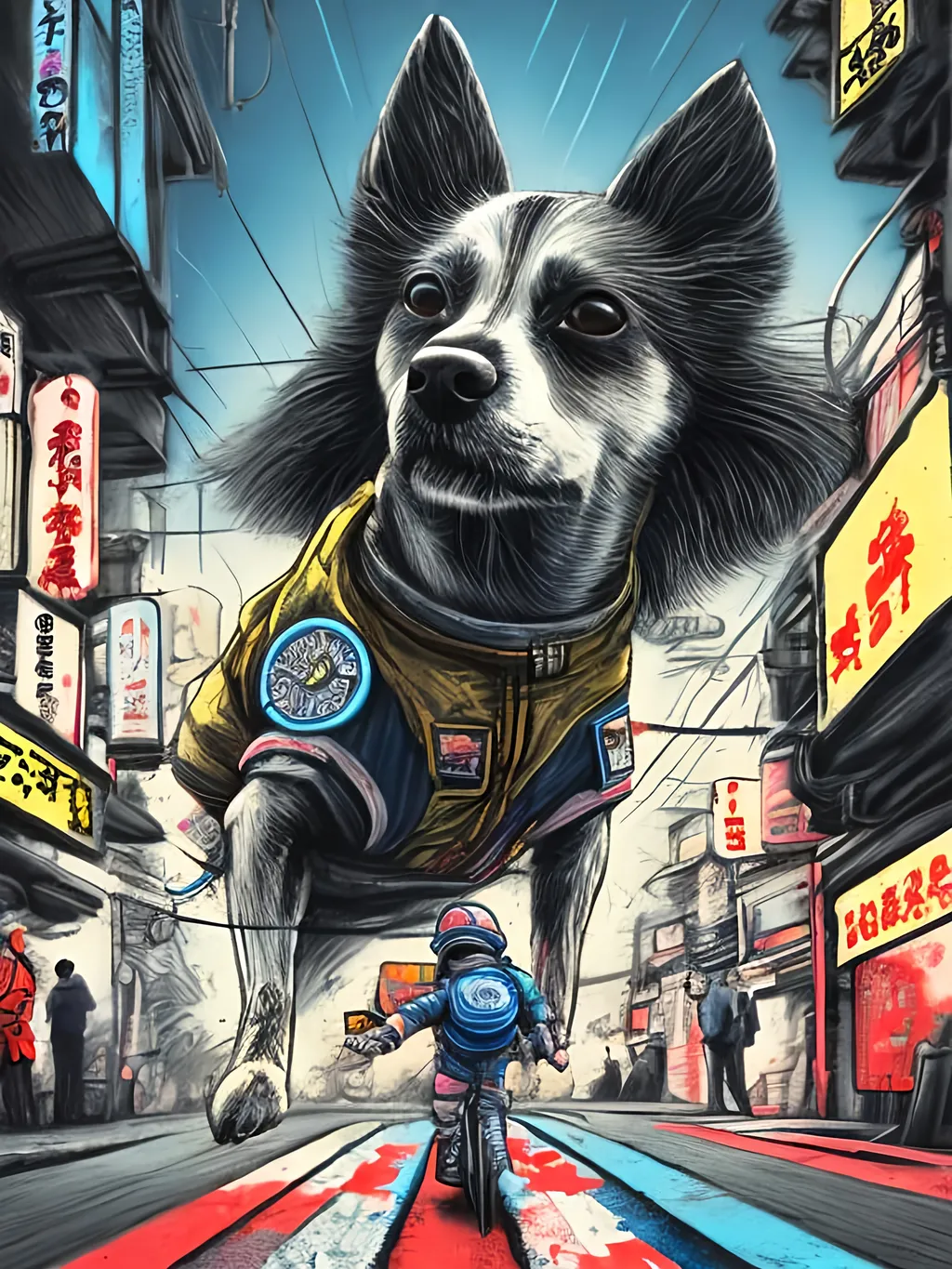 Prompt: pop art chalk pastel art of a detailed dog wearing a pilot uniform playing in the streets in cyberpunk japan during a festival, sketch, detailed background, highres, fun atmosphere, natural lighting,  abstract, fun