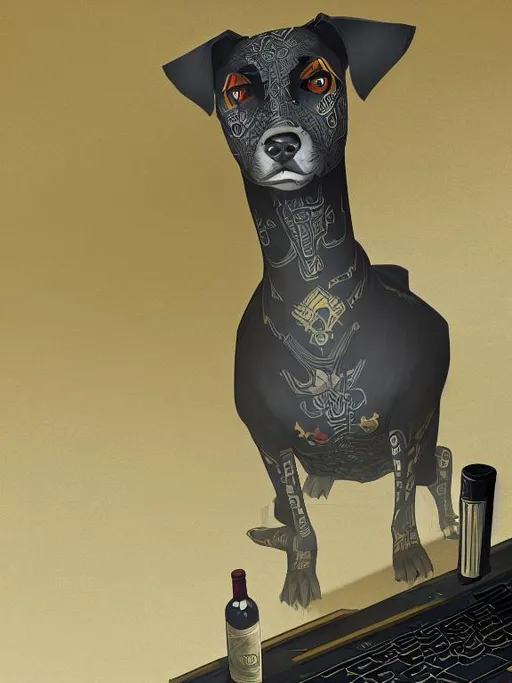 Prompt: all black mountain cur dog dressed as yakuza working on a computer in an office