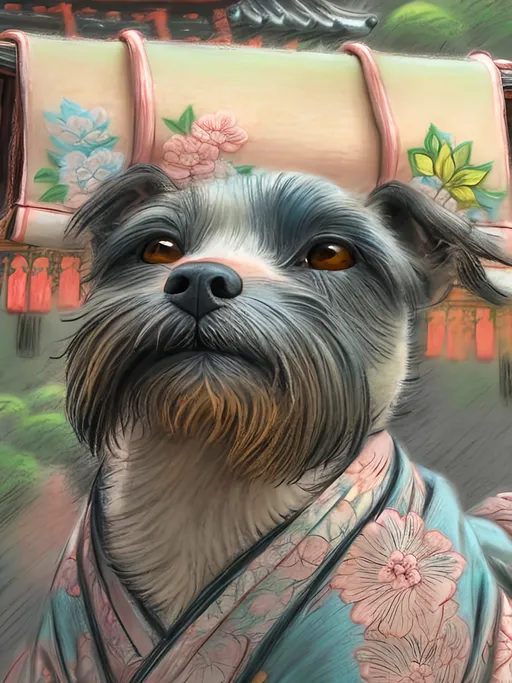 Prompt: chalk pastel style of a  detailed dog in a kimono at a shrine, sketch, detailed background, highres, fun atmosphere, natural lighting,  abstract, fun