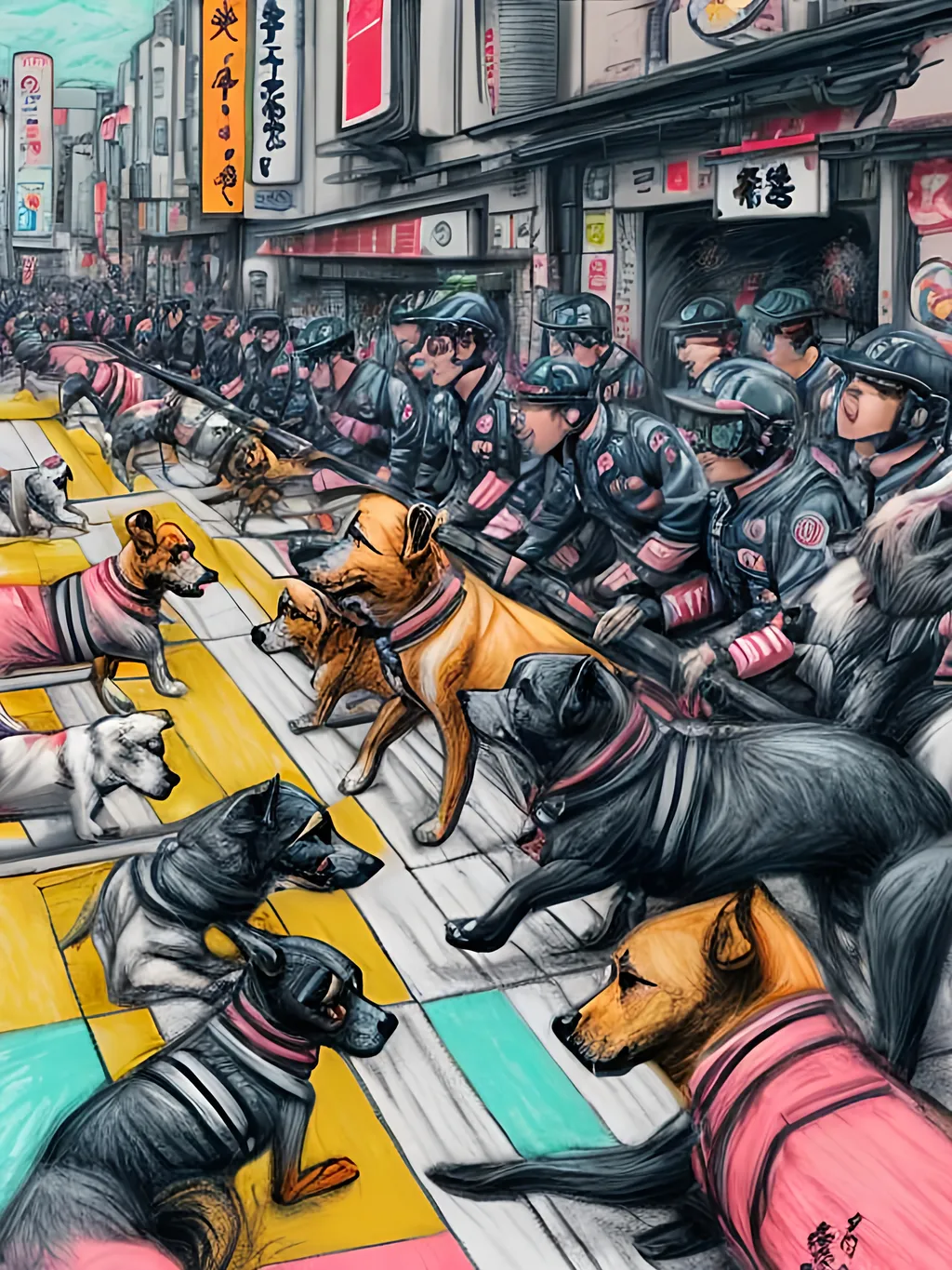 Prompt: pop art chalk pastel art of detailed dogs wearing pilot uniforms playing in the streets in japan during a festival, sketch, detailed background, highres, fun atmosphere, natural lighting,  abstract, fun