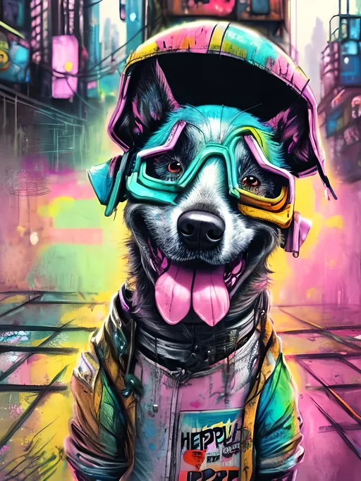 Prompt: Detailed happy dog wearing clothes dumpster diving during a festival, sketch, chalk pastel, detailed cyberpunk city background, grunge, highres, abstract, natural lighting, lively atmosphere, fun, detailed dogs, colorful, vibrant, happy-go-lucky
