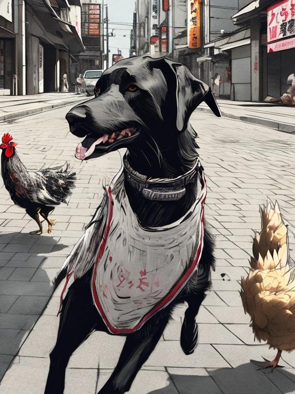 Prompt: a black dog wearing cool clothes chasing a chicken in the streets in japan, sketch, detailed background, highres, fun atmosphere, natural lighting, pastel colors, abstract, fun