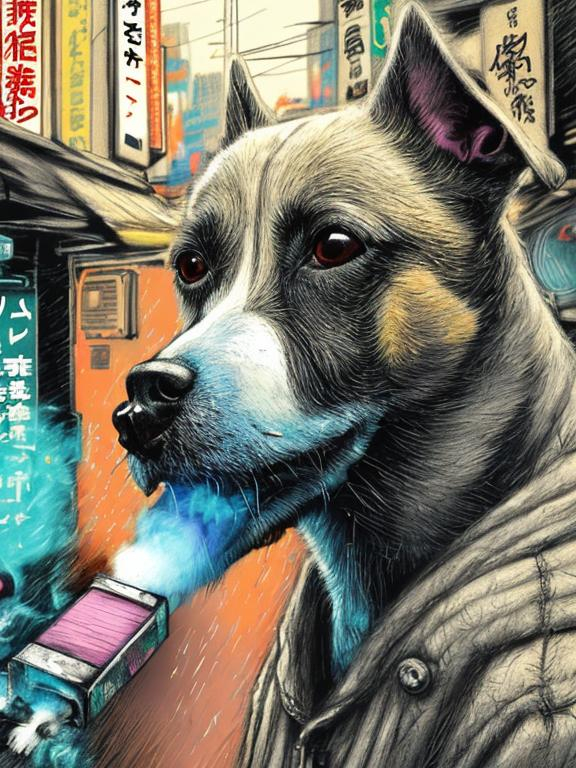 Prompt: pop art chalk pastel art of detailed dog smoking in the streets in cyberpunk japan during a festival, sketch, detailed background, highres, fun atmosphere, natural lighting,  abstract, fun