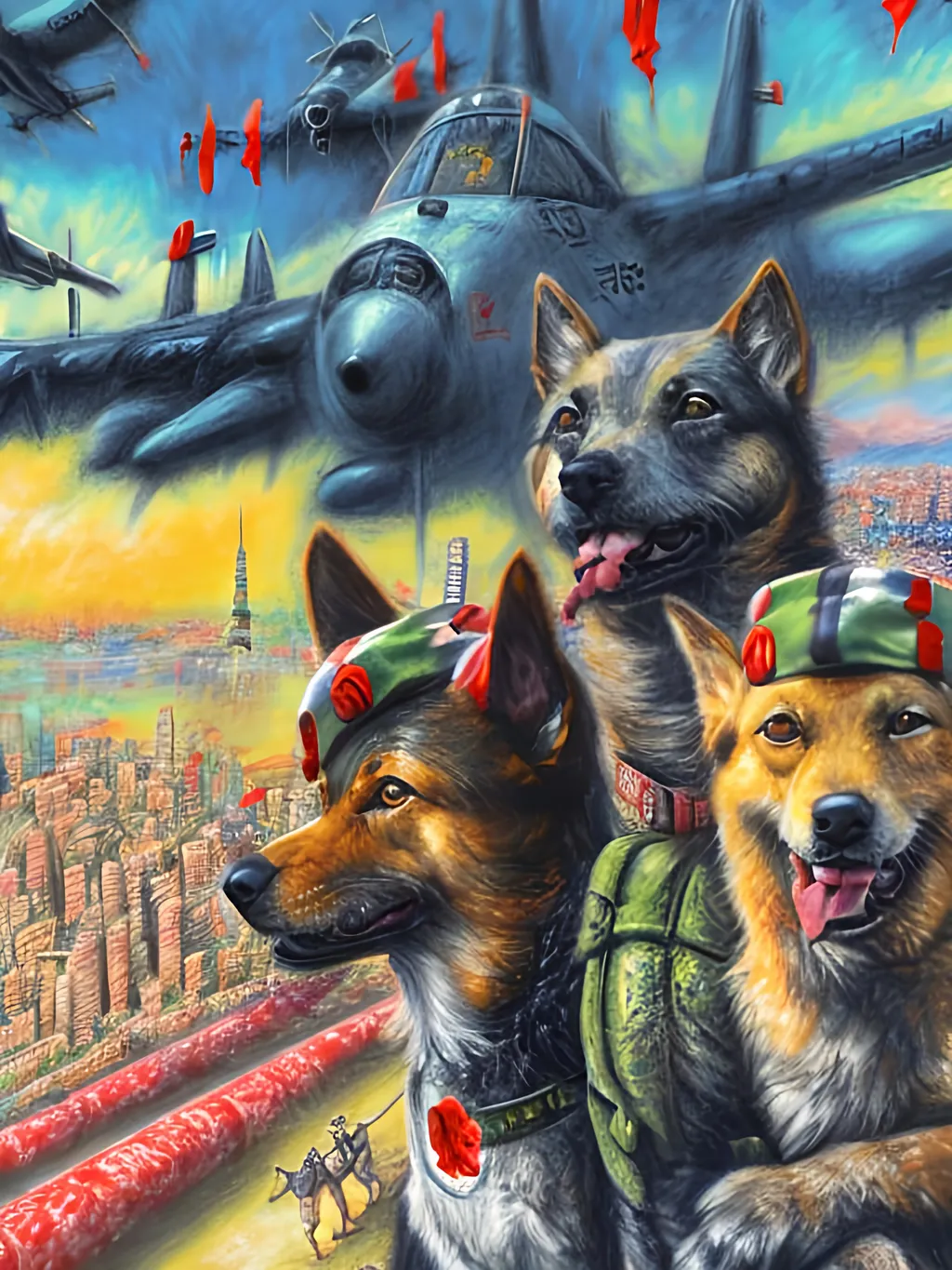 Prompt: Detailed chalk pastel of a dogs in soldier uniforms, detailed background of tokyo japan with airplanes, highres, natural lighting, happy, fun, lively atmosphere