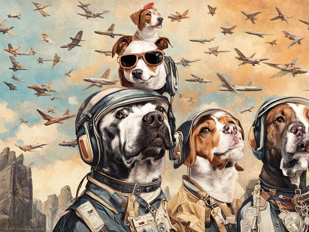 Prompt: black mountain cur dogs rap album dressed as airplane pilots