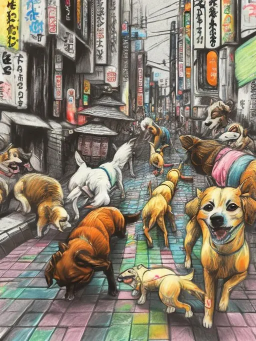 Prompt: pop art chalk pastel art of detailed dogs playing in the streets in japan during a festival, sketch, detailed background, highres, fun atmosphere, natural lighting,  abstract, fun