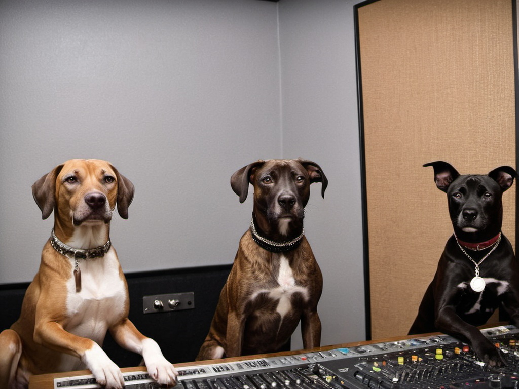 Prompt: black mountain cur dogs rap album dressed as gangsters in recording studio