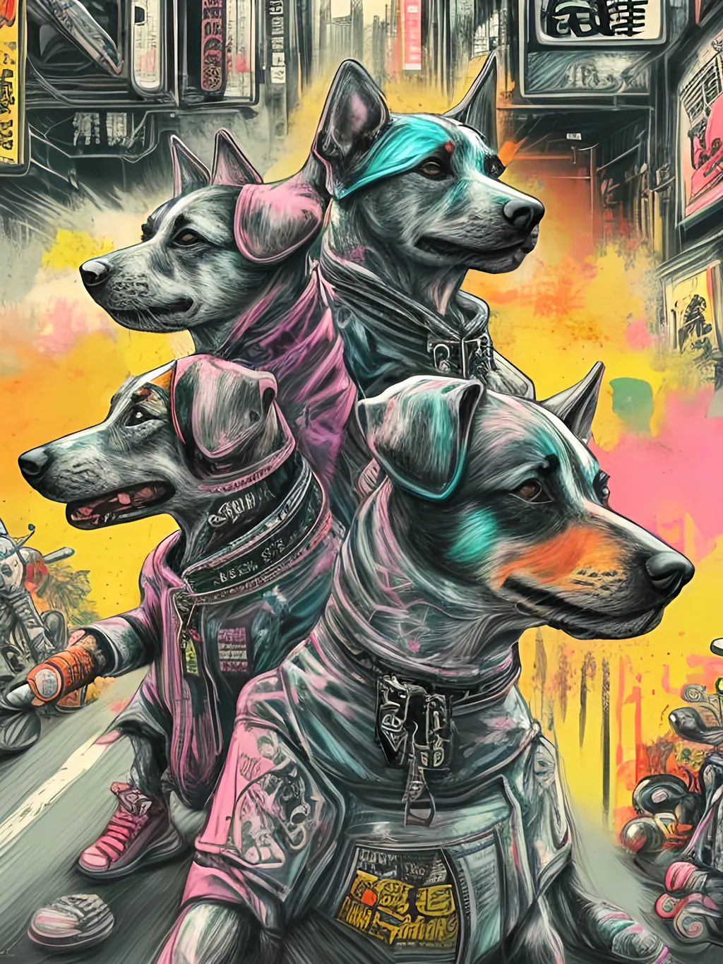 Prompt: pop art chalk pastel art of detailed dogs wearing gangster clothes playing in the streets in cyberpunk japan during a festival, sketch, detailed background, highres, fun atmosphere, natural lighting,  abstract, fun