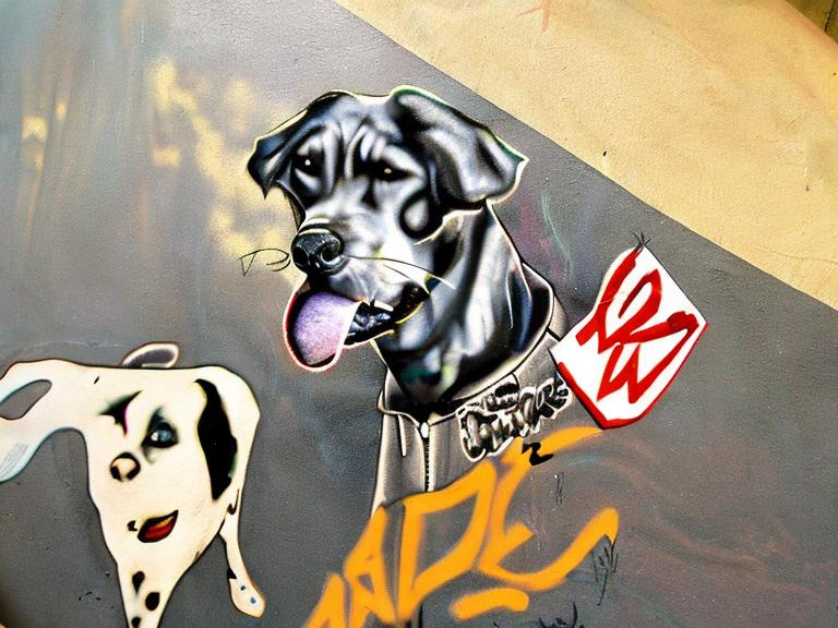 Prompt: mountain cur black dogs in gangster rappers clothing graffiting