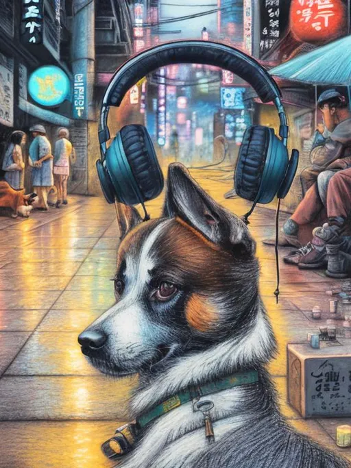 Prompt: chalk pastel art of a detailed dog listening to music on the streets in cyberpunk japan during a festival with planes in the background, sketch, detailed background, highres, fun atmosphere, natural lighting,  abstract, fun