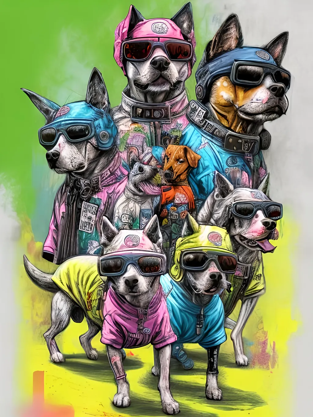 Prompt: pop art chalk pastel art of detailed dogs wearing gangster clothes playing in the streets in cyberpunk japan during a festival, sketch, detailed background, highres, fun atmosphere, natural lighting,  abstract, fun