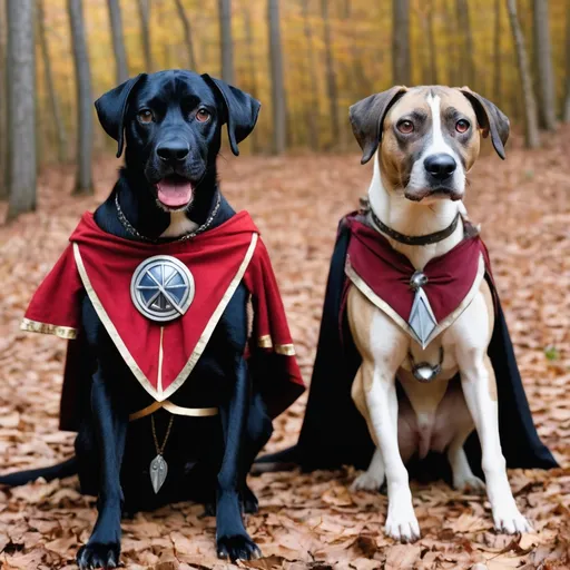 Prompt: black mountain cur dogs LARPing in cosplay