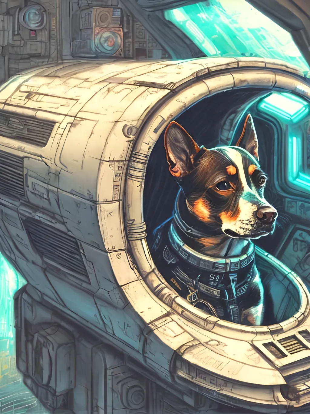 Prompt: chalk pastel style of a  detailed dog in a cyberpunk spaceship, sketch, detailed background, highres, fun atmosphere, natural lighting,  abstract, fun