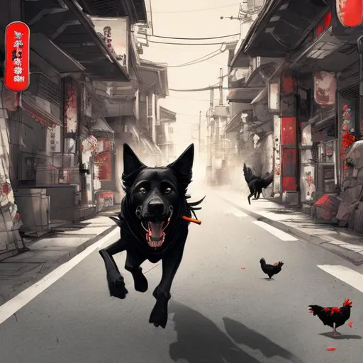 Prompt: art of a black dog wearing soldier clothes chasing a chicken in the streets in japan, sketch, detailed background, highres, fun atmosphere, natural lighting, pastel colors, abstract, fun