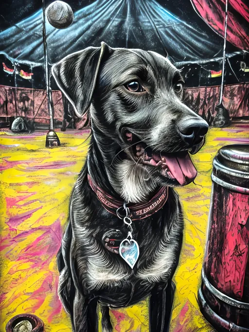 Prompt: Detailed mountain cur all black dog at a circus, festival, pop art chalk pastel, grunge, highres, abstract, natural lighting, lively atmosphere, fun, vibrant, happy-go-lucky, detailed dogs, detailed eyes, detailed fur, festive, flying, post-apocalyptic, Japan, chalk pastel, detailed background, grunge style, abstract art, high quality, natural lighting