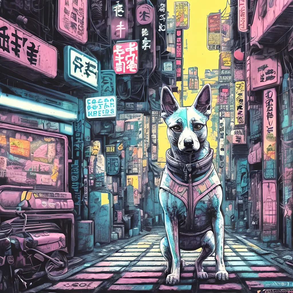 Prompt: pop art chalk pastel, a detailed grunge dog in the streets in cyberpunk japan, detailed background, natural lighting, highres, fun