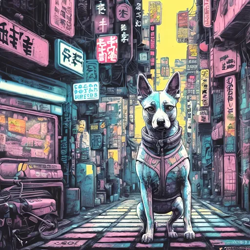 Prompt: pop art chalk pastel, a detailed grunge dog in the streets in cyberpunk japan, detailed background, natural lighting, highres, fun