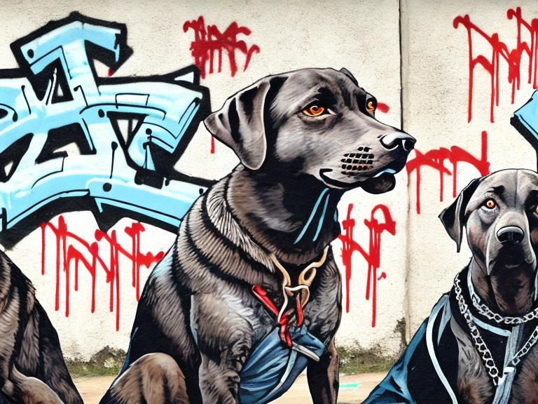 Prompt: mountain cur black dogs in gangster clothing graffiti