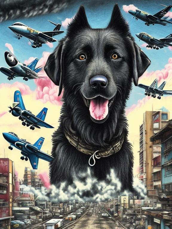 Prompt: pop art chalk pastel art of a detailed happy mountain cur black dog on the streets in post-apocalyptic Japan during a festival with planes in the background, sketch, detailed background, highres, fun atmosphere, natural lighting,  abstract, fun