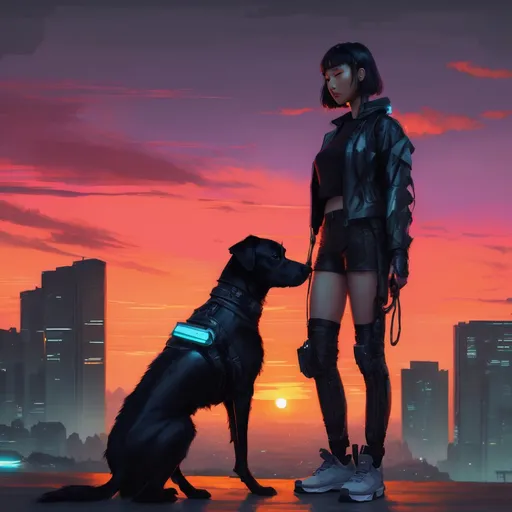 Prompt: sunset cyberpunk with mountain cur black dog no tail and korean girl