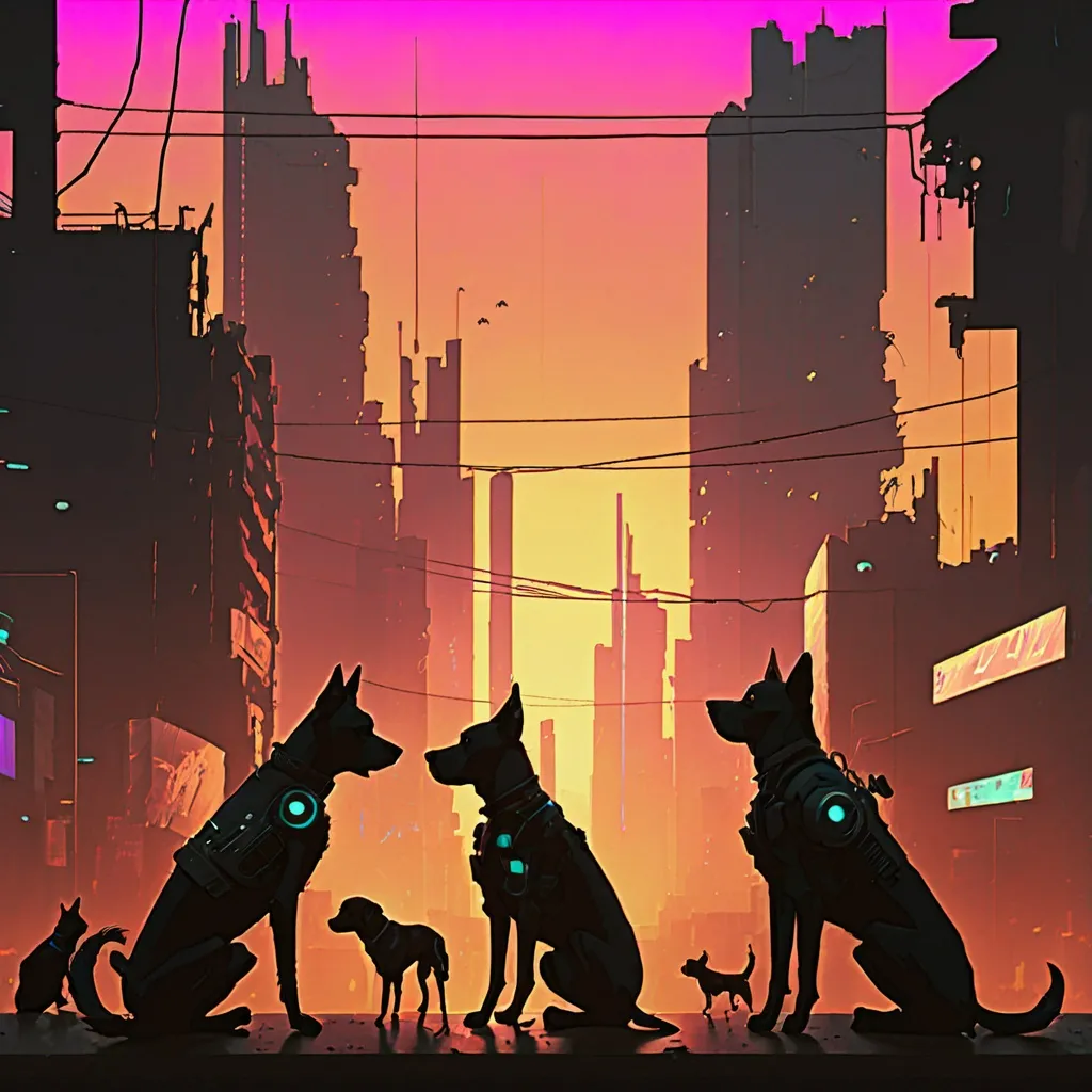 Prompt: sunset cyberpunk city with dogs
