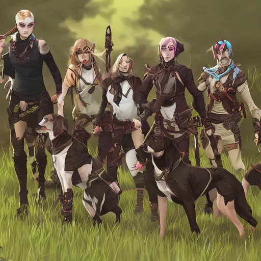 Prompt: black mountain cur dogs LARPing in cosplay