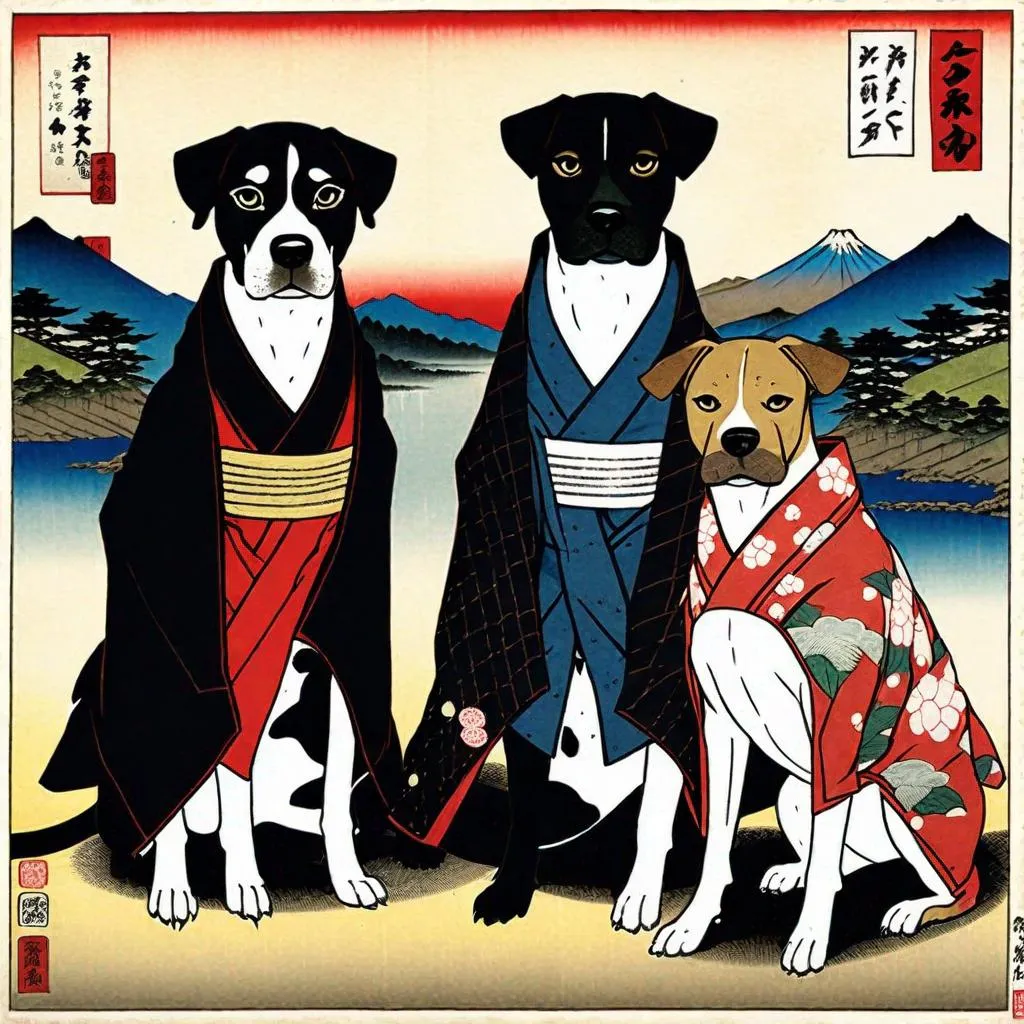 Prompt: black mountain cur dogs in hiroshige wearing yakuza clothes