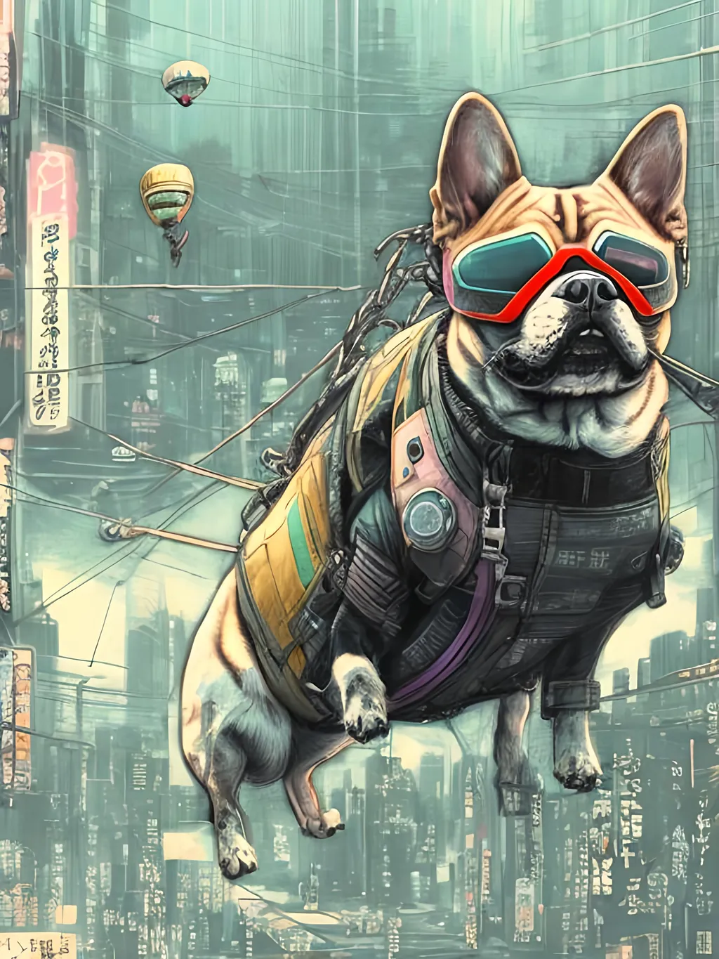 Prompt: chalk pastel style of a  detailed dog parachuting in cyberpunk japan, sketch, detailed background, highres, fun atmosphere, natural lighting,  abstract, fun