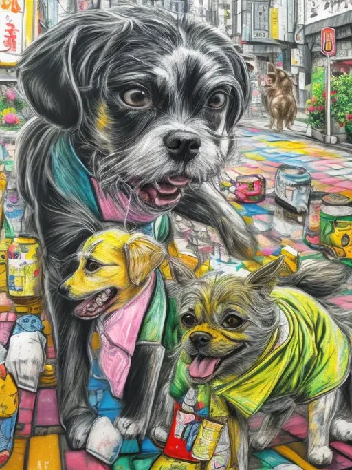 Prompt: pop art chalk pastel art of detailed dogs wearing clothes playing in the streets in japan during a festival, sketch, detailed background, highres, fun atmosphere, natural lighting,  abstract, fun