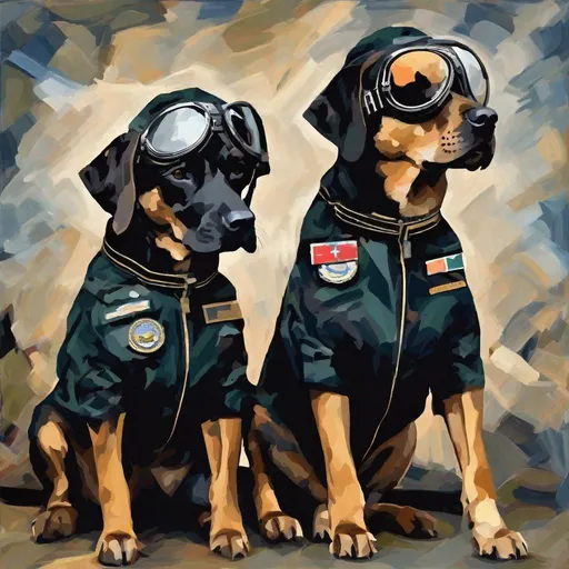 Prompt: mountain cur black dogs in pilots uniform abstract art