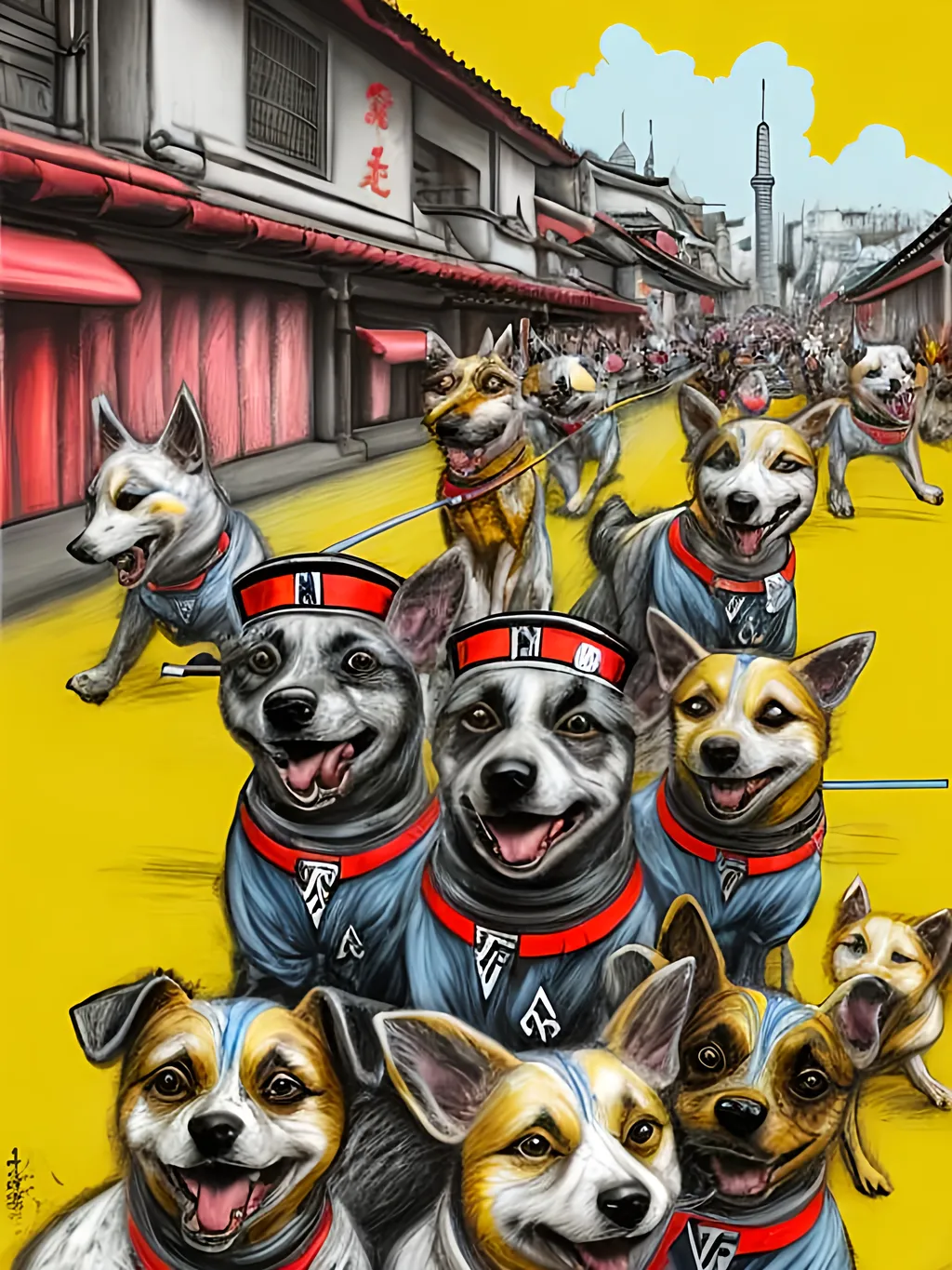 Prompt: pop art chalk pastel art of detailed dogs wearing nazi uniforms playing in the streets in japan during a festival, sketch, detailed background, highres, fun atmosphere, natural lighting,  abstract, fun