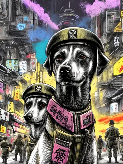 Prompt: pop art chalk pastel art of a detailed dogs wearing military uniforms on the streets in cyberpunk japan during a festival with planes in the background, sketch, detailed background, highres, fun atmosphere, natural lighting,  abstract, fun