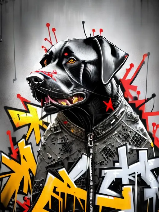 Prompt: Abstract art of a black dogs in gangster clothes, graffiti, streets, patriotic, detailed, atmospheric lighting, battle in the background, highres, ultra-detailed, abstract, gangster, detailed clothing, patriotic theme, streets, atmospheric lighting, dogs