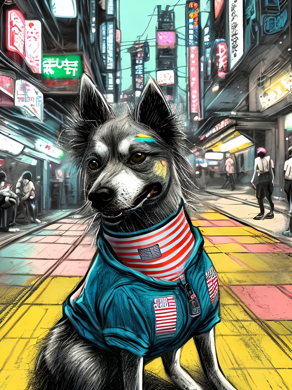 Prompt: pop art chalk pastel art of detailed dog wearing USA clothes playing in the streets in cyberpunk japan during a festival, sketch, detailed background, highres, fun atmosphere, natural lighting,  abstract, fun