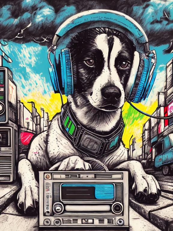 Prompt: pop art chalk pastel art of a detailed dog listening to music on a tape player on the streets in post-apocalyptic Japan during a festival with planes in the background, sketch, detailed background, highres, fun atmosphere, natural lighting,  abstract, fun