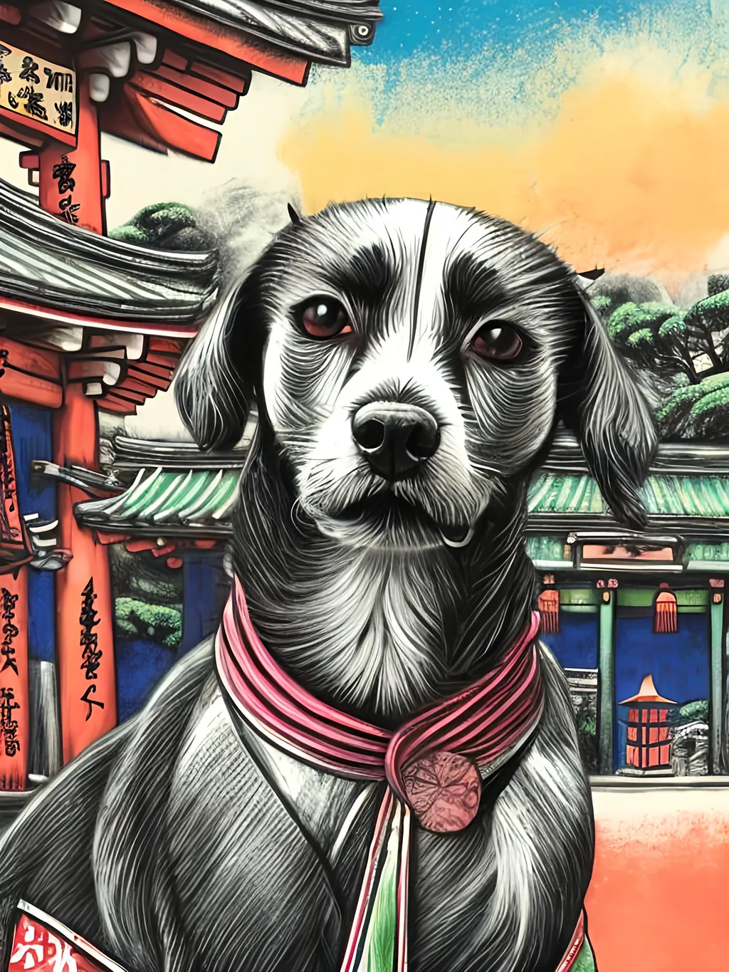 Prompt: pop art chalk pastel style of a  detailed dog in a kimono at a shrine, sketch, detailed background, highres, fun atmosphere, natural lighting,  abstract, fun