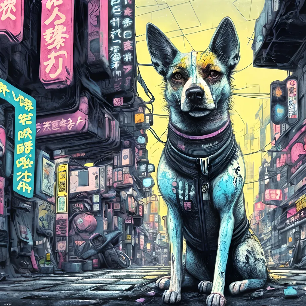 Prompt: pop art chalk pastel, a detailed grunge dog in the streets in cyberpunk japan, detailed background, natural lighting, highres, fun