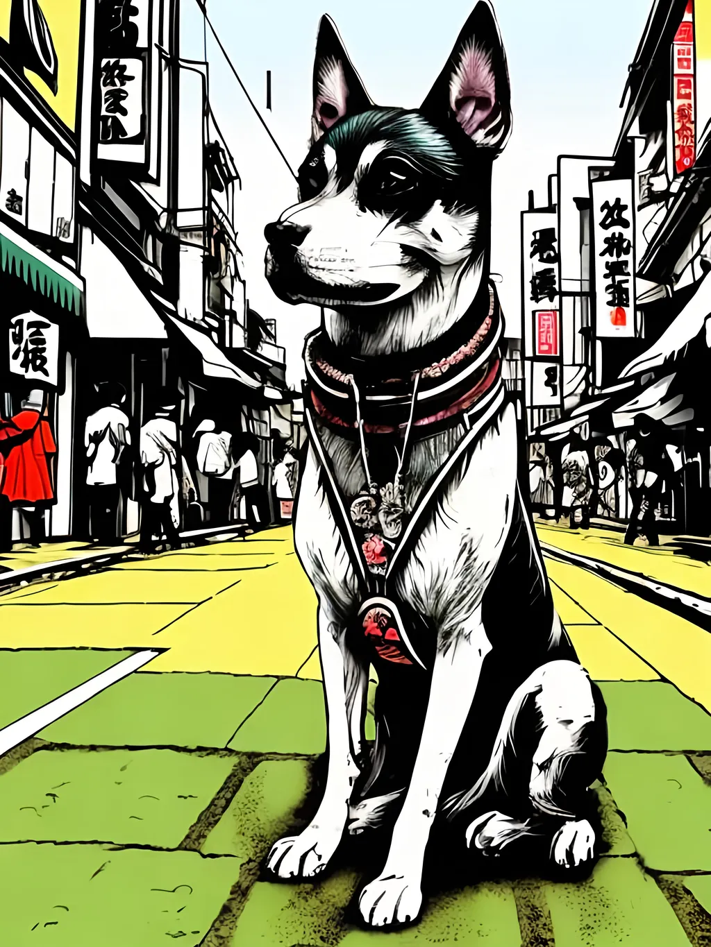 Prompt: pop art chalk pastel style of a detailed gangster dog in the streets in japan during a festival, sketch, detailed background, highres, fun atmosphere, natural lighting,  abstract, fun