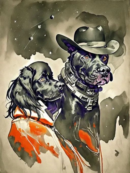 Prompt: Surrealism black dogs in cowboy outfits in space, abstract art style, cowboy hat, eerie atmosphere, floating celestial bodies, mysterious nebulae, dreamlike, surreal, high contrast, otherworldly, abstract, space, astronaut, eerie atmosphere, celestial bodies, dreamlike, surreal, high contrast, mysterious, nebulae, dogs