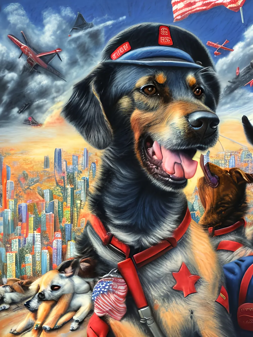 Prompt: Detailed chalk pastel of a dogs in soldier uniforms, detailed background of tokyo japan with airplanes, highres, natural lighting, happy, fun, lively atmosphere