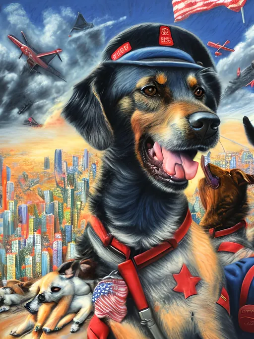 Prompt: Detailed chalk pastel of a dogs in soldier uniforms, detailed background of tokyo japan with airplanes, highres, natural lighting, happy, fun, lively atmosphere