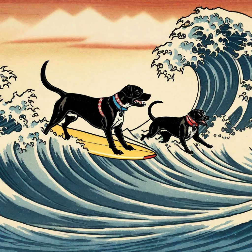 Prompt: black mountain cur dogs surfing in hiroshige wave 