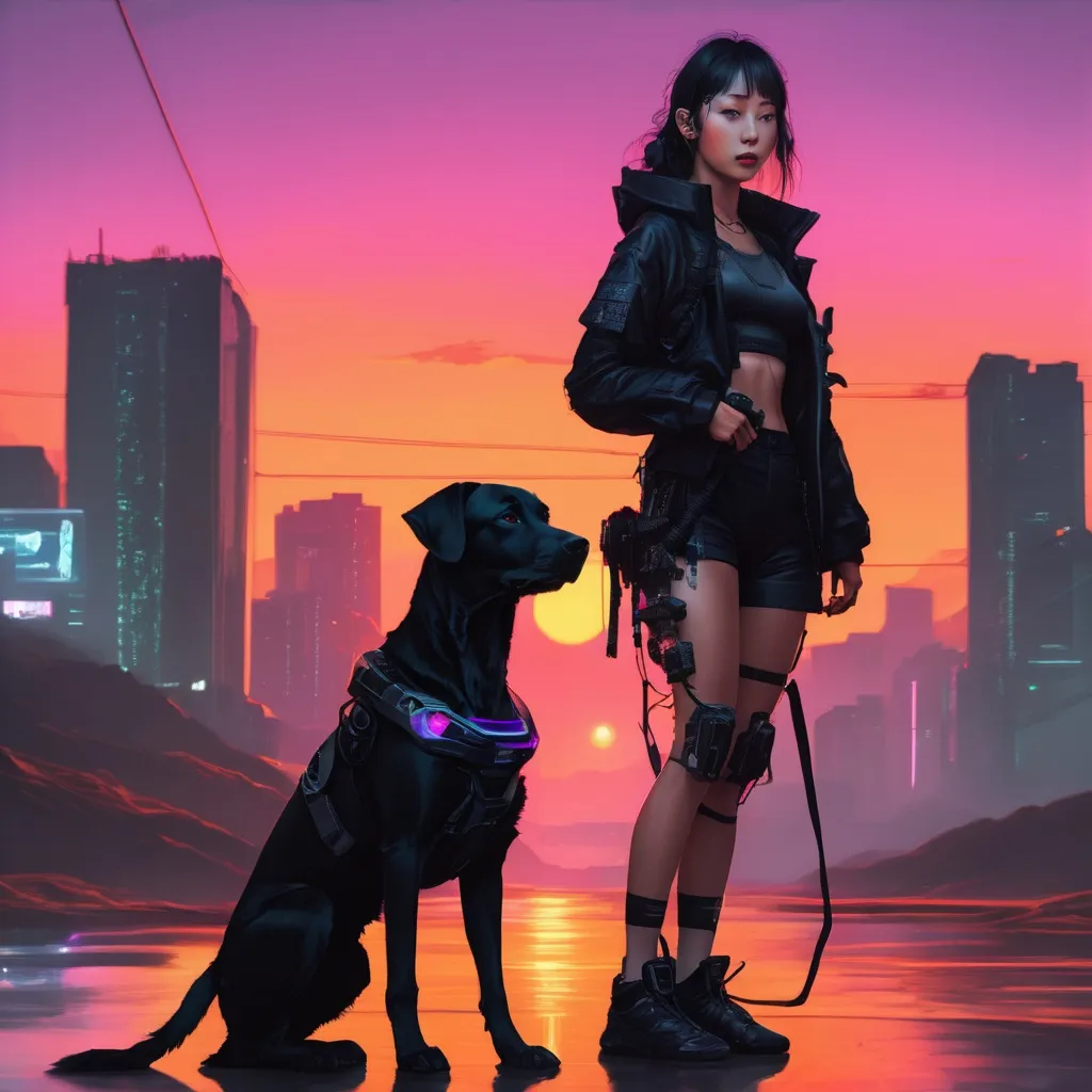 Prompt: sunset cyberpunk with mountain cur black dog no tail and korean girl