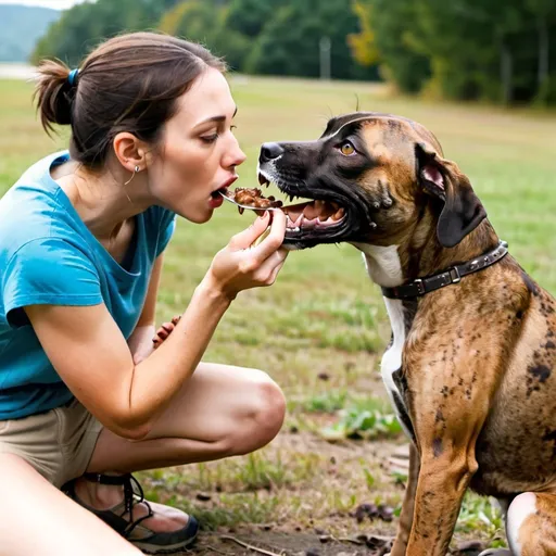 Prompt: black mountain cur dog eating a human