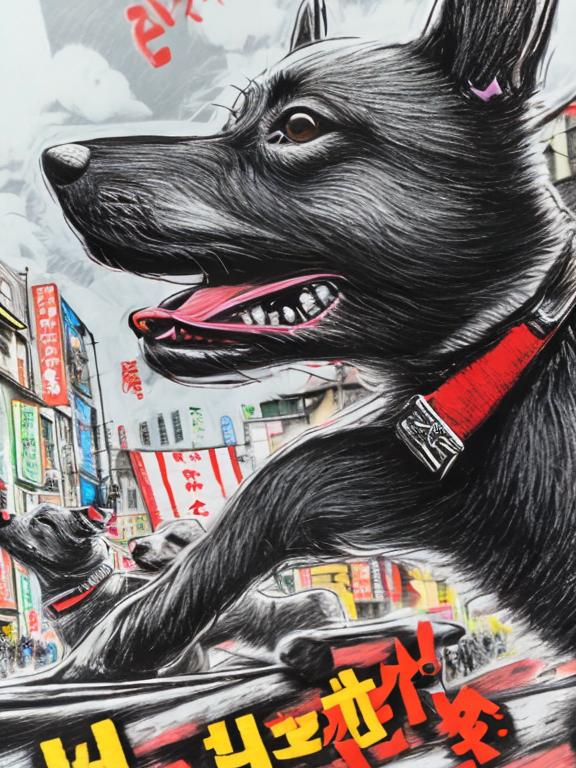 Prompt: pop art chalk pastel art of detailed dogs wearing nazi uniforms playing in the streets in japan during a festival, sketch, detailed background, highres, fun atmosphere, natural lighting,  abstract, fun